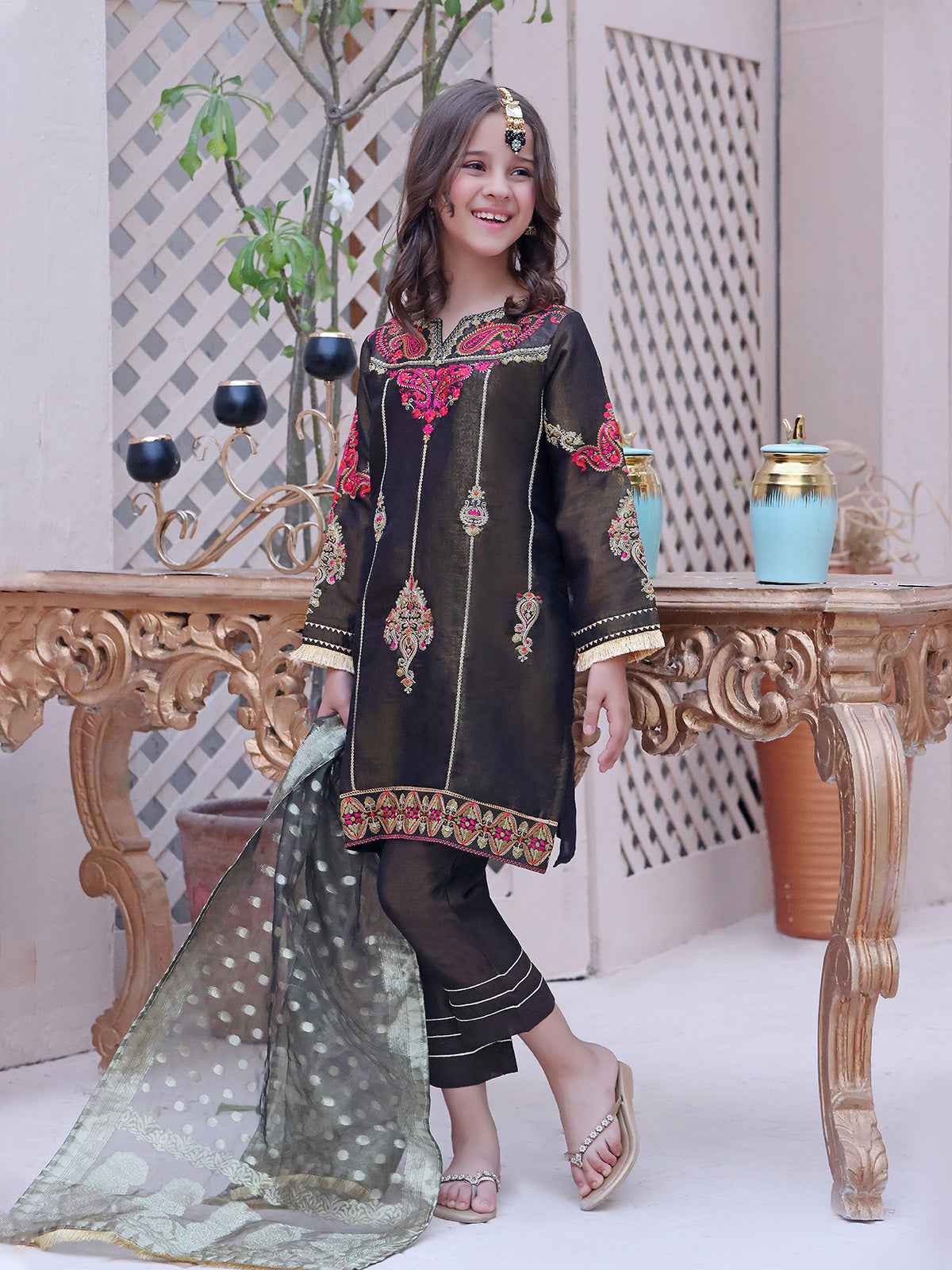 2Pc Embroidered Pret Shirt Dupatta Masoori Dark Brown - OGE2P-2209007
