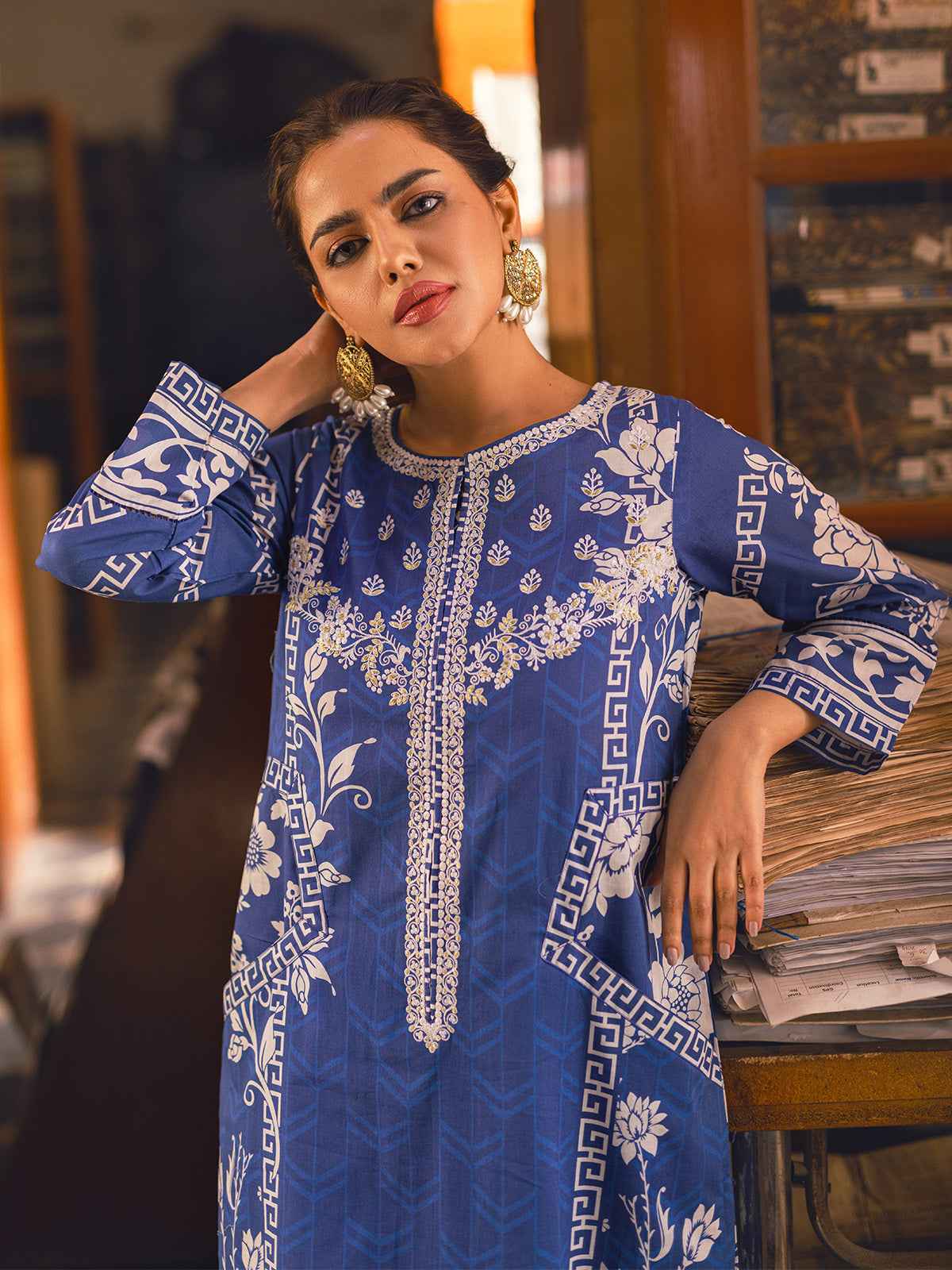 1Pc Embroidered Pret Kurti Lawn Blue - OWEKT-2302029