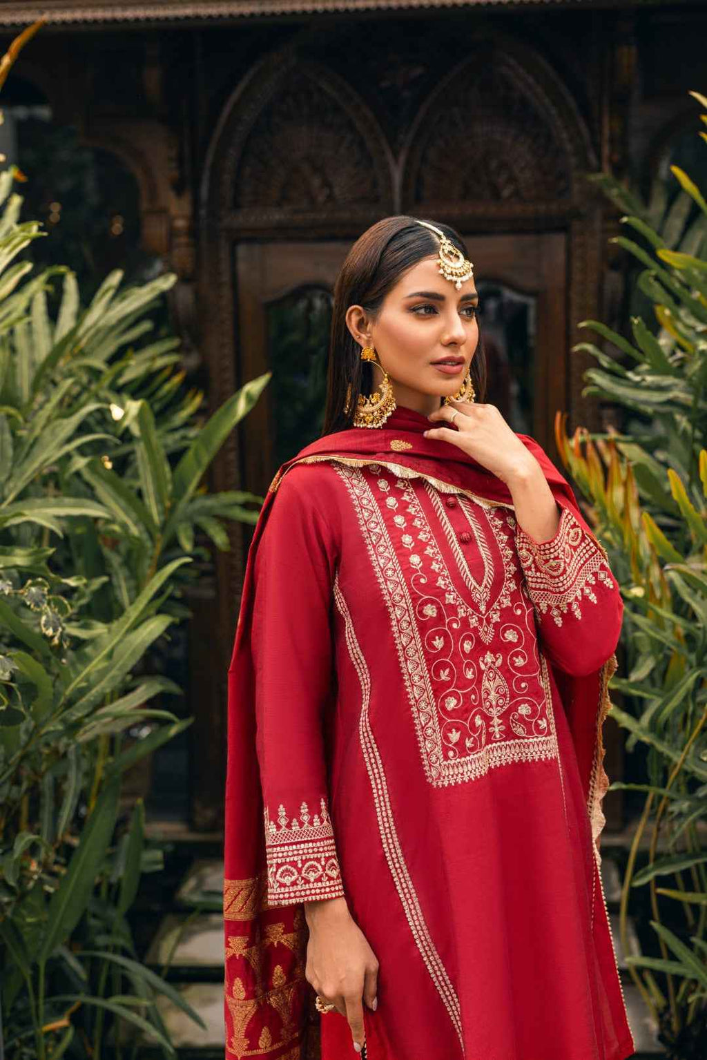 3Pc Embroidered Suit Pret Yarn Dyed Red - OWE3P-2303029