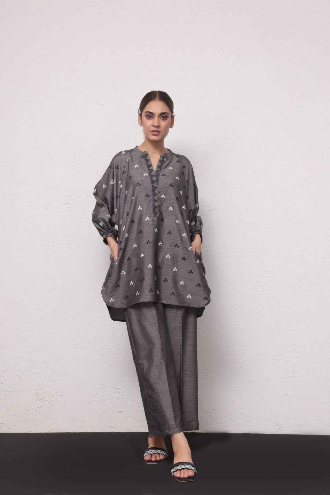 2Pc Embroidered Pret Shirt Trouser Yarn Dyed Grey - OWE2PG-2306009
