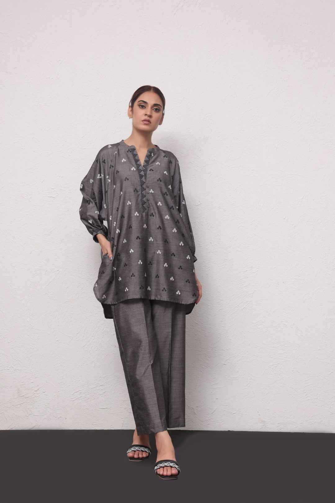 2Pc Embroidered Pret Shirt Trouser Yarn Dyed Grey - OWE2PG-2306009