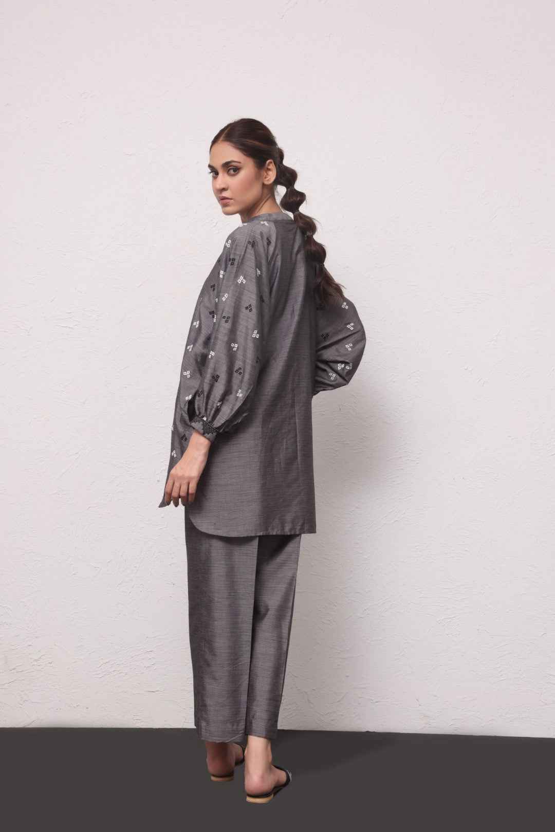 2Pc Embroidered Pret Shirt Trouser Yarn Dyed Grey - OWE2PG-2306009