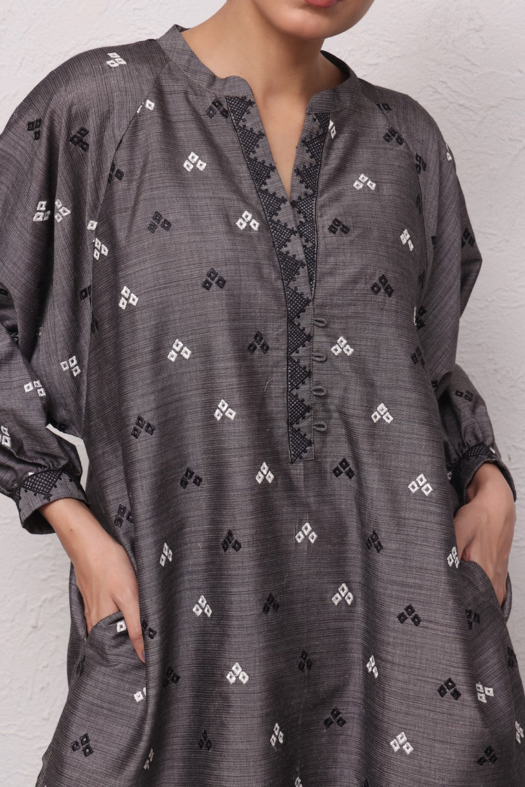 2Pc Embroidered Pret Shirt Trouser Yarn Dyed Grey - OWE2PG-2306009