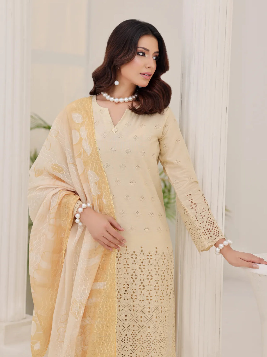 3Pc ChickenKaari Unstitched Suit Lawn Beige - OCBL3P-6432-A