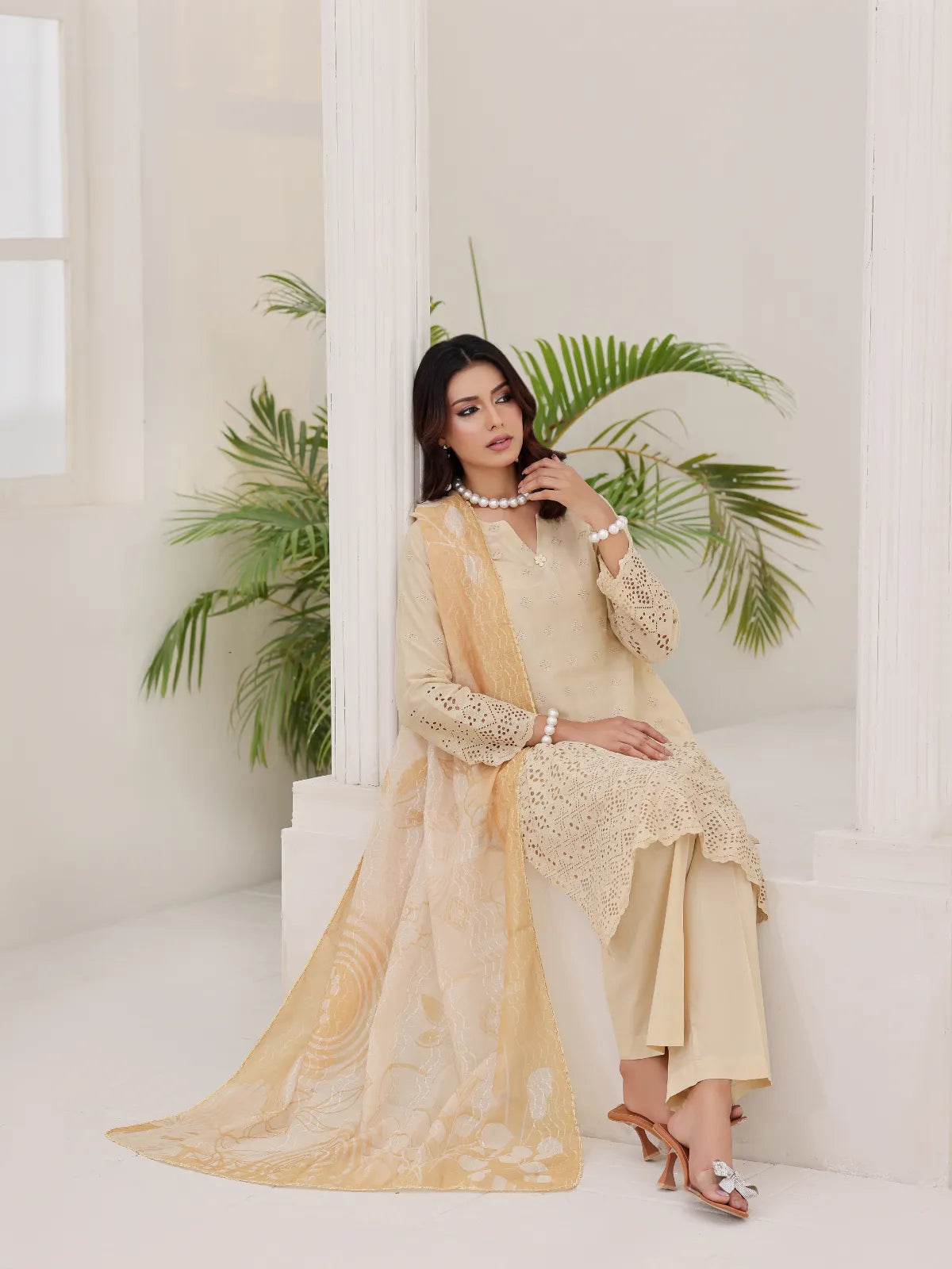 3Pc ChickenKaari Unstitched Suit Lawn Beige - OCBL3P-6432-A