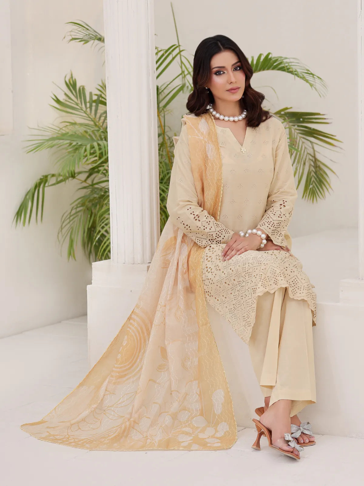 3Pc ChickenKaari Unstitched Suit Lawn Beige - OCBL3P-6432-A