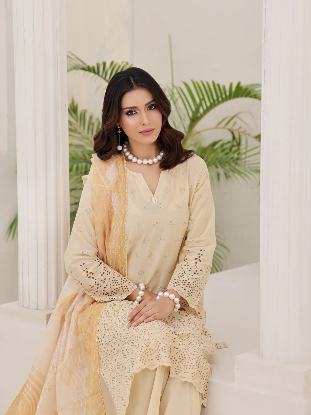 3Pc ChickenKaari Unstitched Suit Lawn Beige - OCBL3P-6432-A
