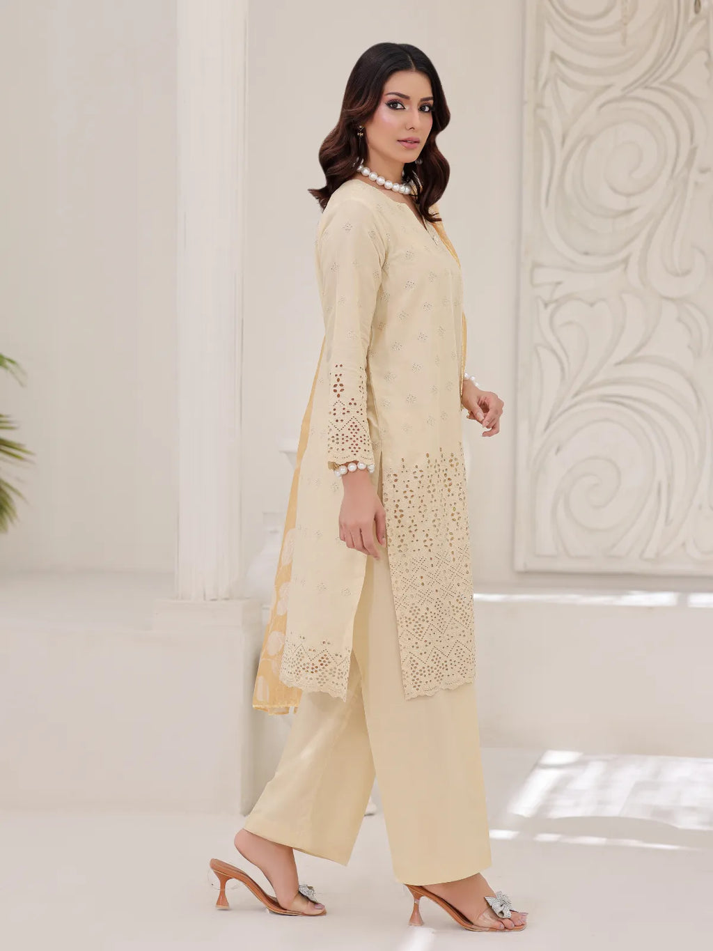 3Pc ChickenKaari Unstitched Suit Lawn Beige - OCBL3P-6432-A