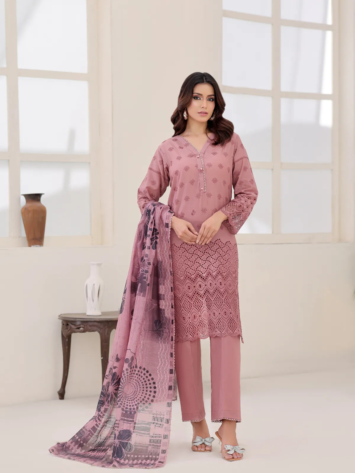 3Pc ChickenKaari Unstitched Suit Lawn Brown - OCBL3P-6435-A