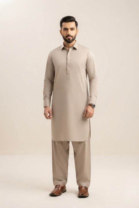 Saharp Pick Collection Blended Unstitched Suit - Beige