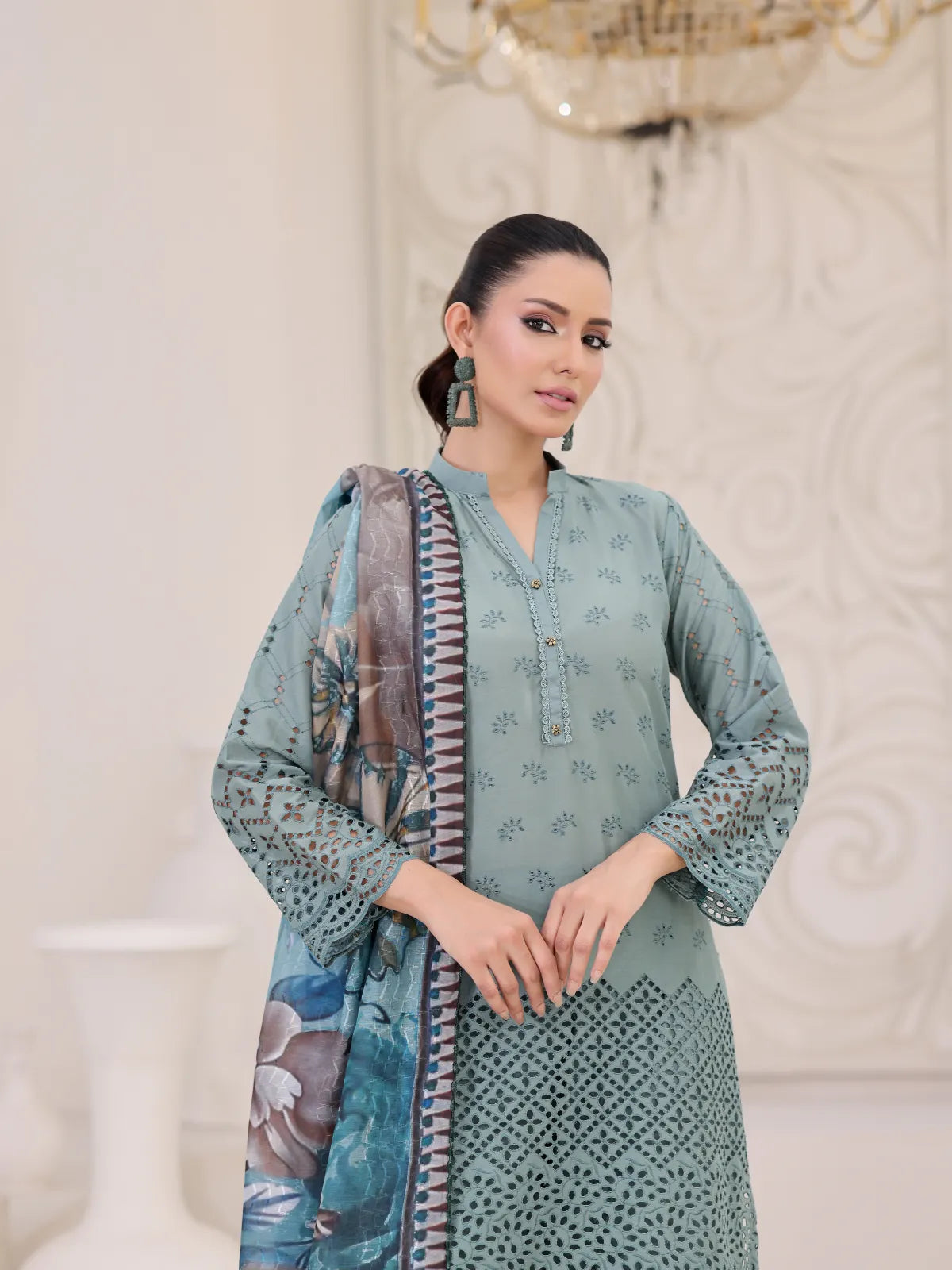 3Pc ChickenKaari Unstitched Suit Lawn Green - OCBL3P-6431-A