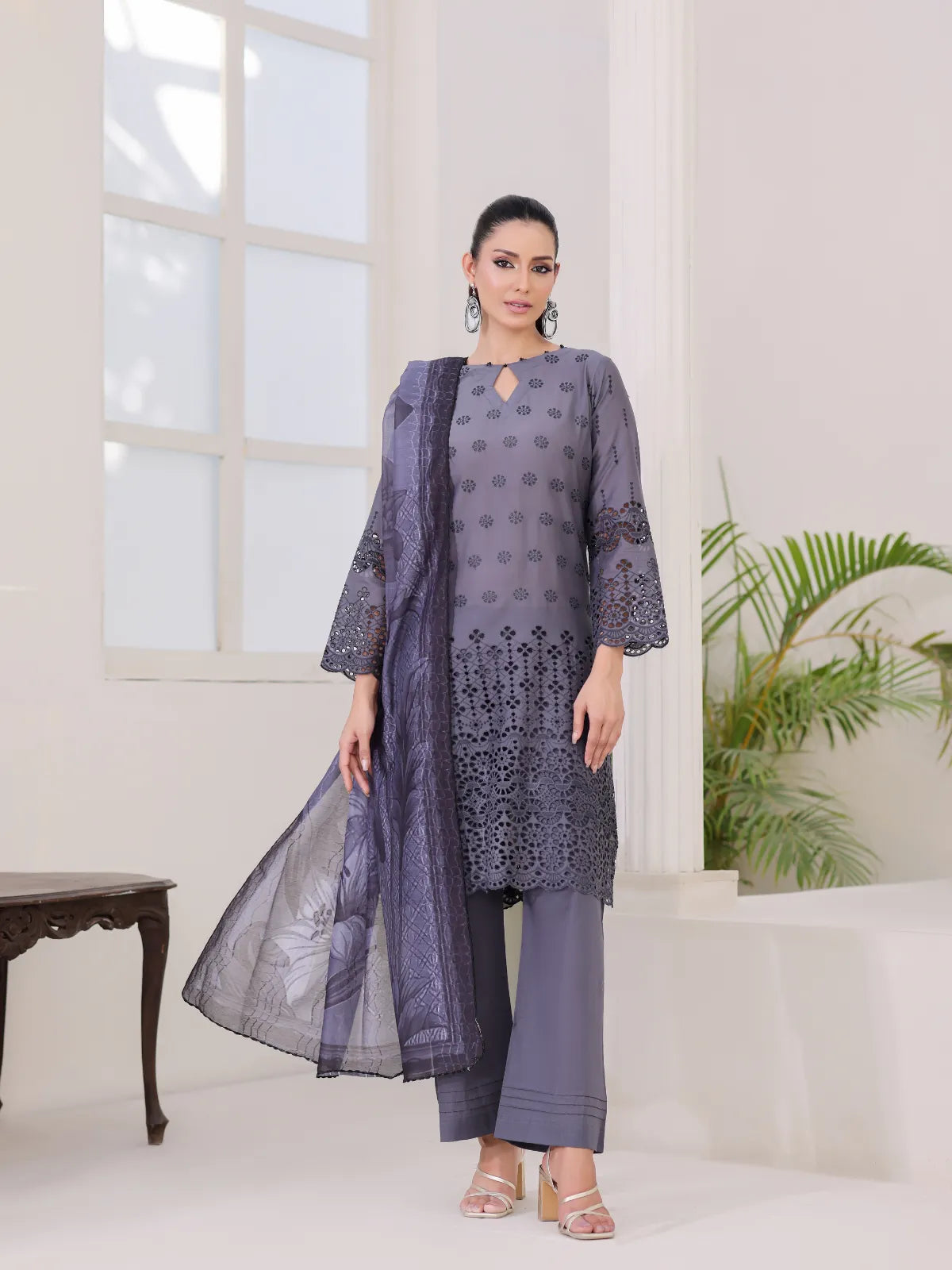 3Pc ChickenKaari Unstitched Suit Lawn Dark Grey - OCBL3P-6434-A