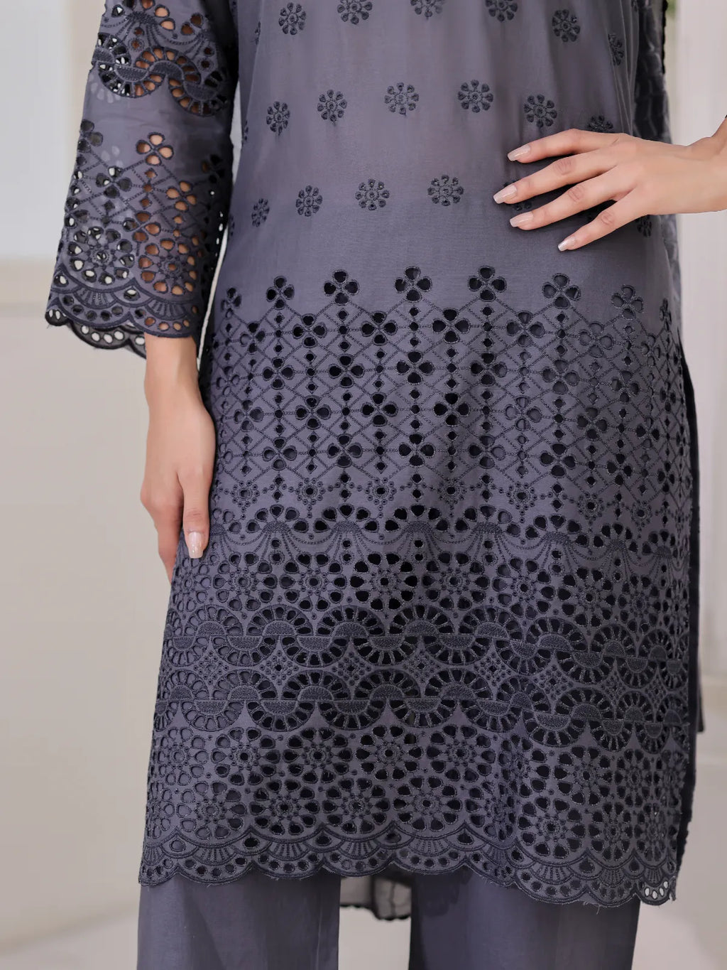 3Pc ChickenKaari Unstitched Suit Lawn Dark Grey - OCBL3P-6434-A