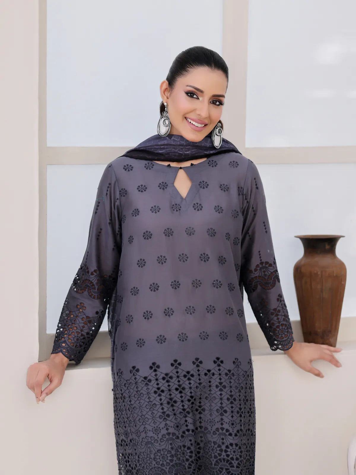 3Pc ChickenKaari Unstitched Suit Lawn Dark Grey - OCBL3P-6434-A
