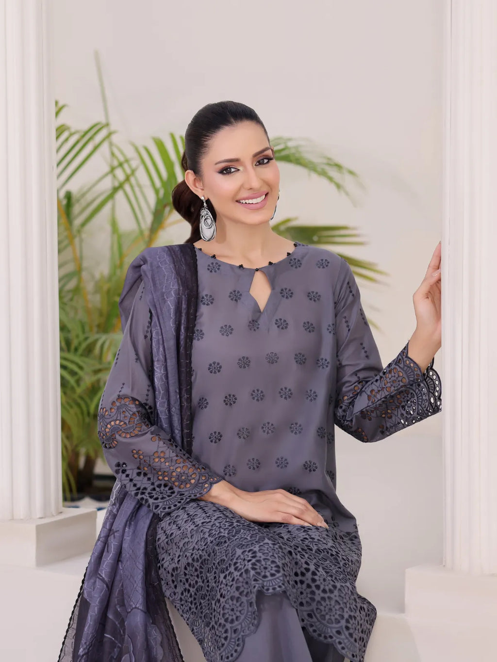 3Pc ChickenKaari Unstitched Suit Lawn Dark Grey - OCBL3P-6434-A
