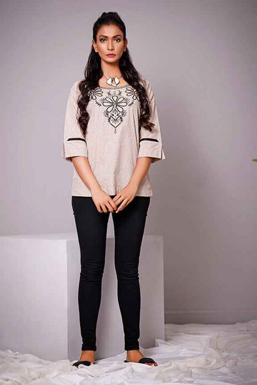 1Pc Embroidered Fusion Top Cotton Grey - OWETP-1905308