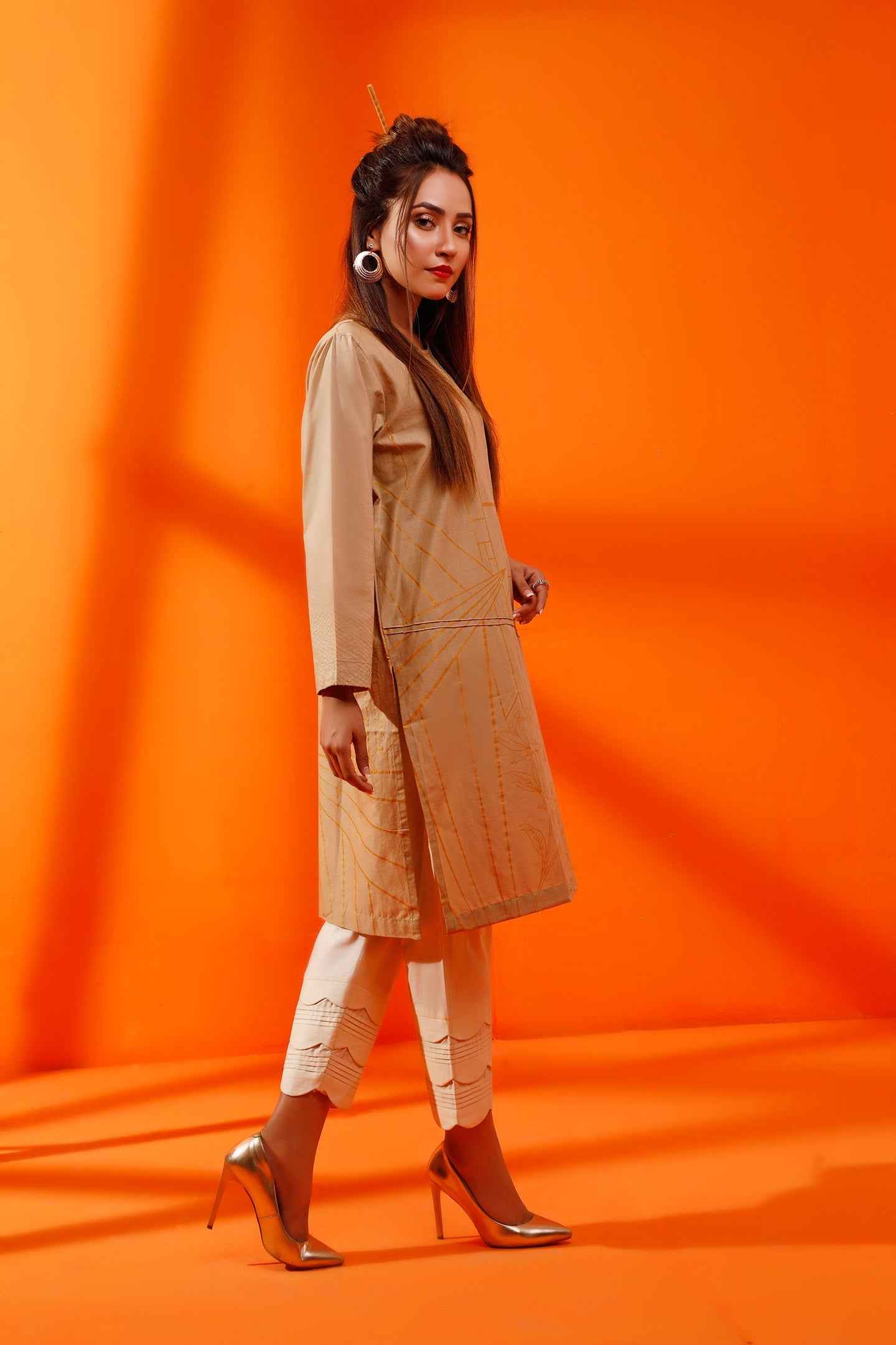 1Pc Printed Pret Kurti Cambric Beige - OWSPK-1907010-1