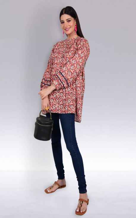 1Pc Printed Fusion Top Lawn Beige & Orange - OWTP-2302015