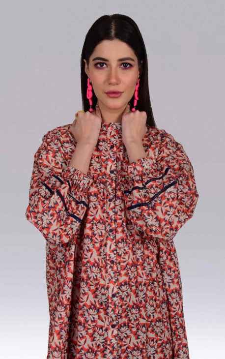 1Pc Printed Fusion Top Lawn Beige & Orange - OWTP-2302015
