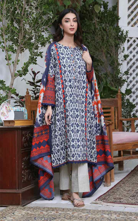 3Pc Printed Unstitched Cotton Blue - OC3P-5068-A