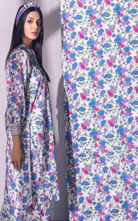 2Pc Printed Pret Shirt Trouser Lawn White & Blue - OW2P-2301008