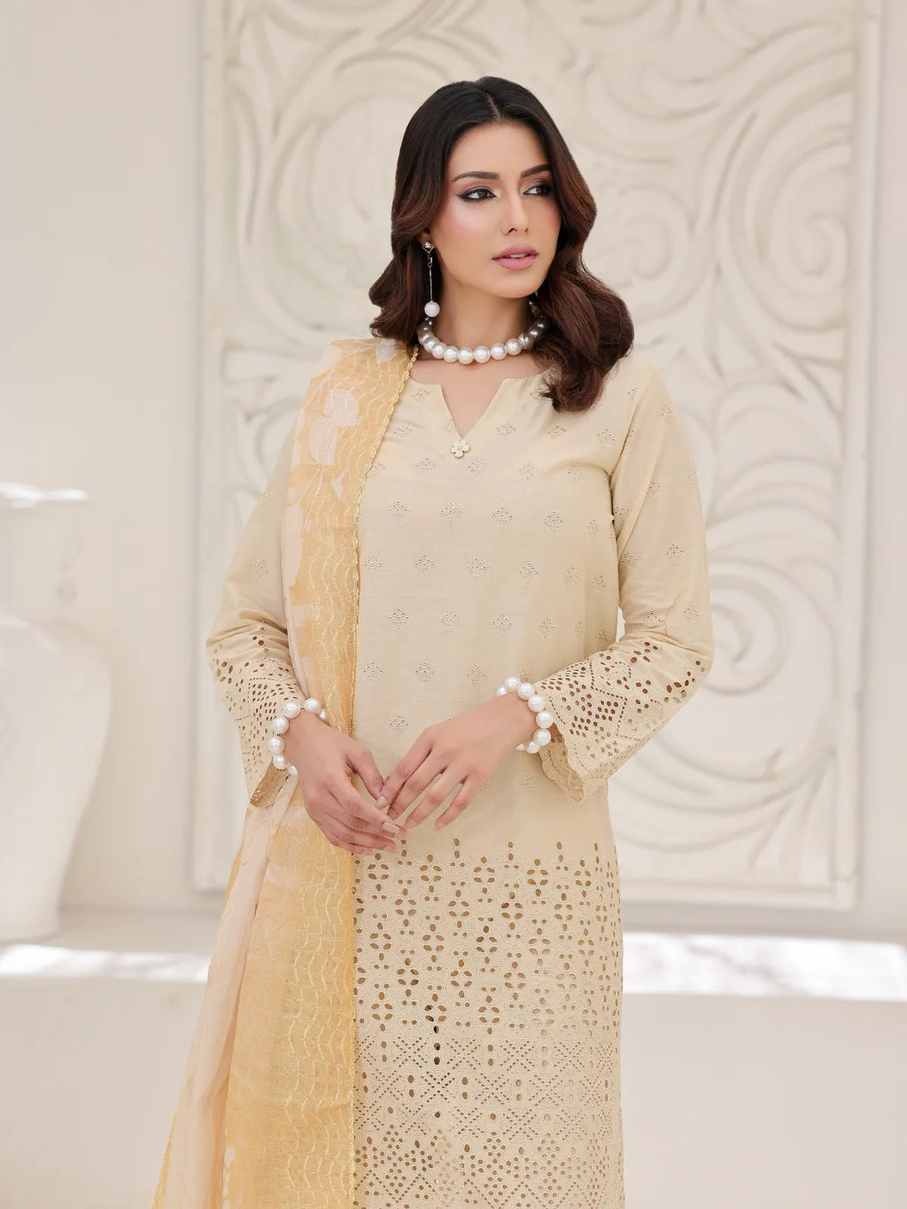 3Pc ChickenKaari Unstitched Suit Lawn Beige - OCBL3P-6432-A
