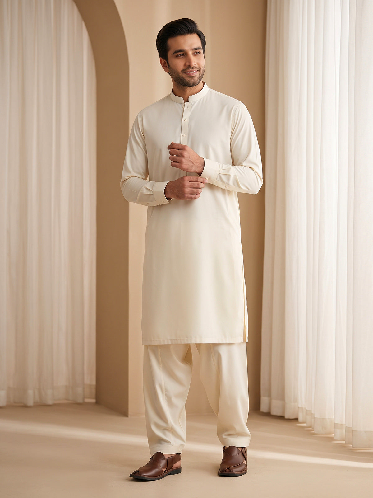 Mens Unstitched Suit Ali Baba Blended Cream_WW-213