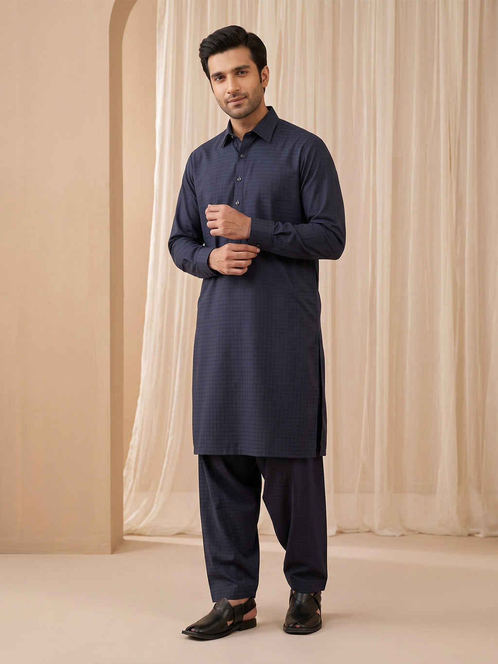 Mens Unstitched Suit Chess Blended Navy Blue_WW-216