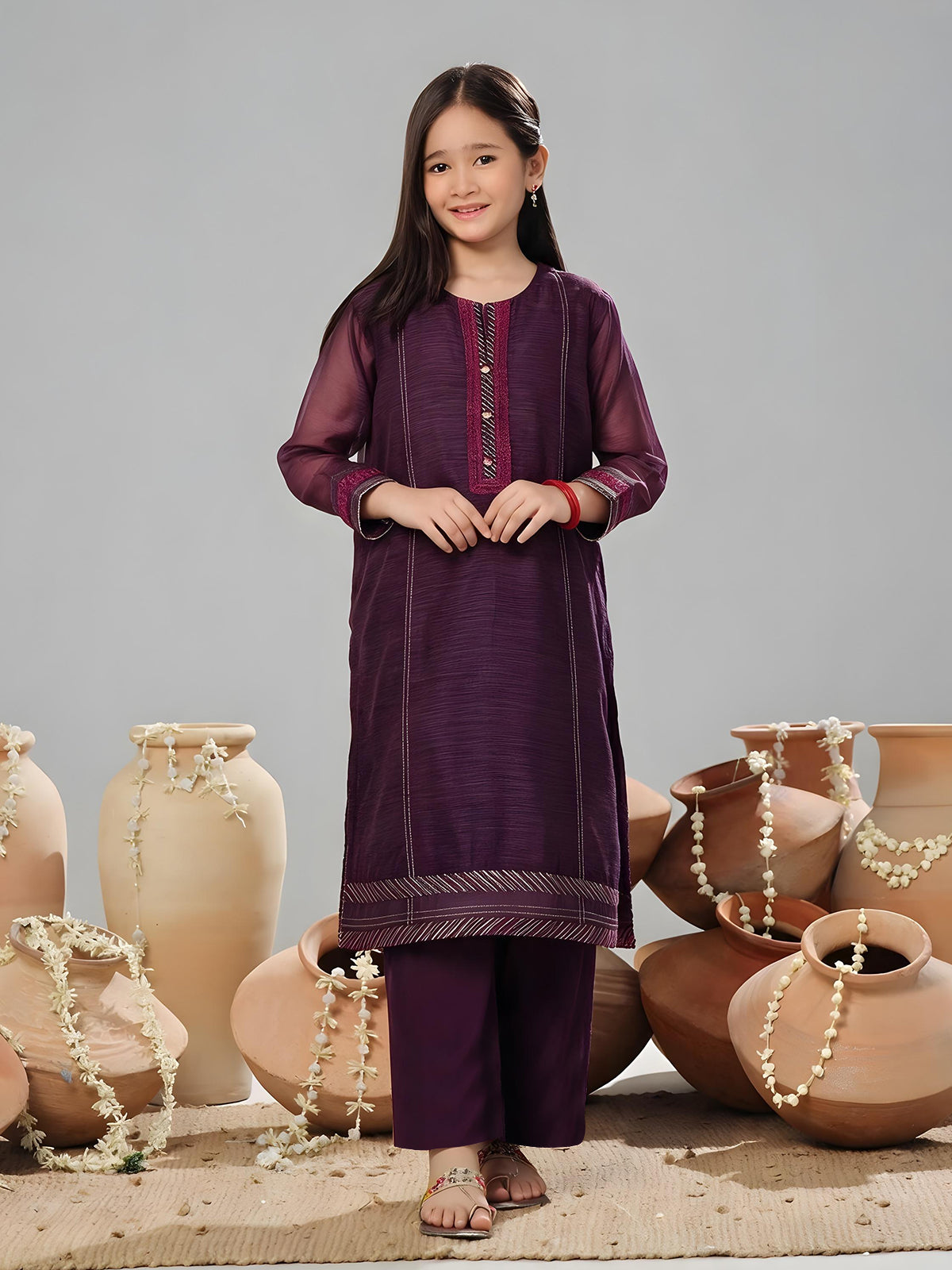 2Pc Embroidered Pret Shirt Trouser Organza Purple - OGE2PG-2406006