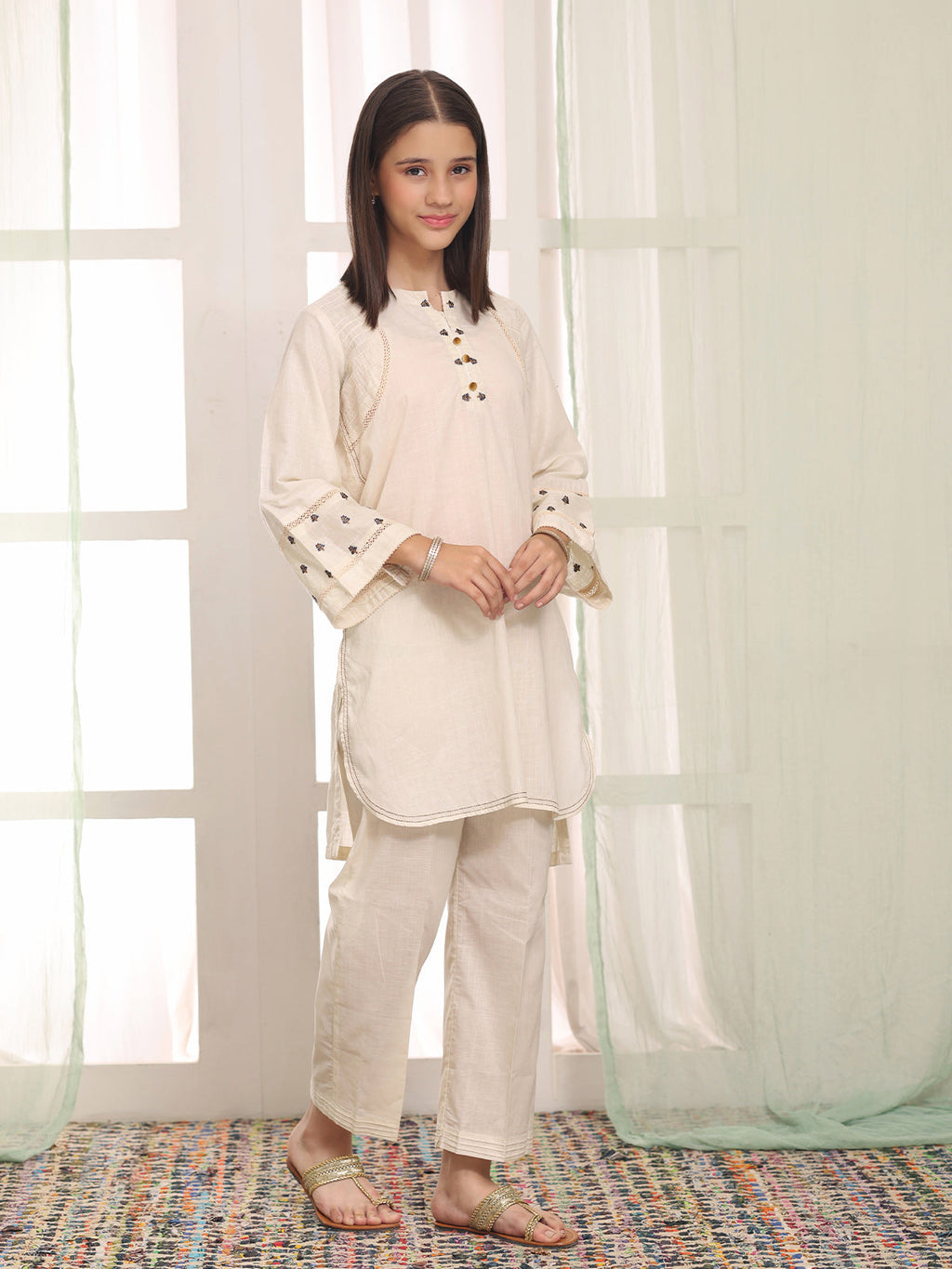 2Pc Embroidered Pret Shirt Trouser Dyed Cambric Off White - OGE2PG-25034