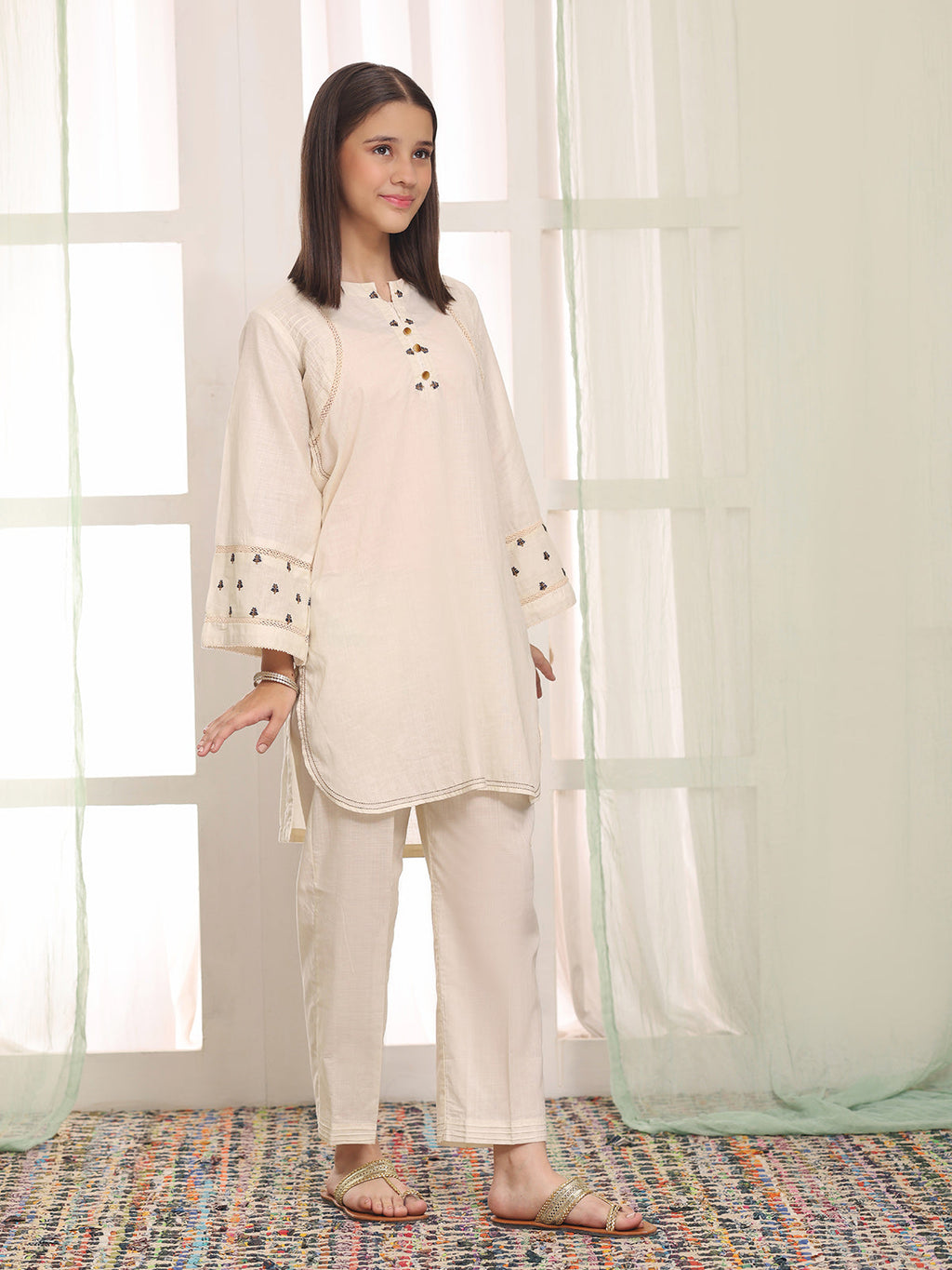 2Pc Embroidered Pret Shirt Trouser Dyed Cambric Off White - OGE2PG-25034