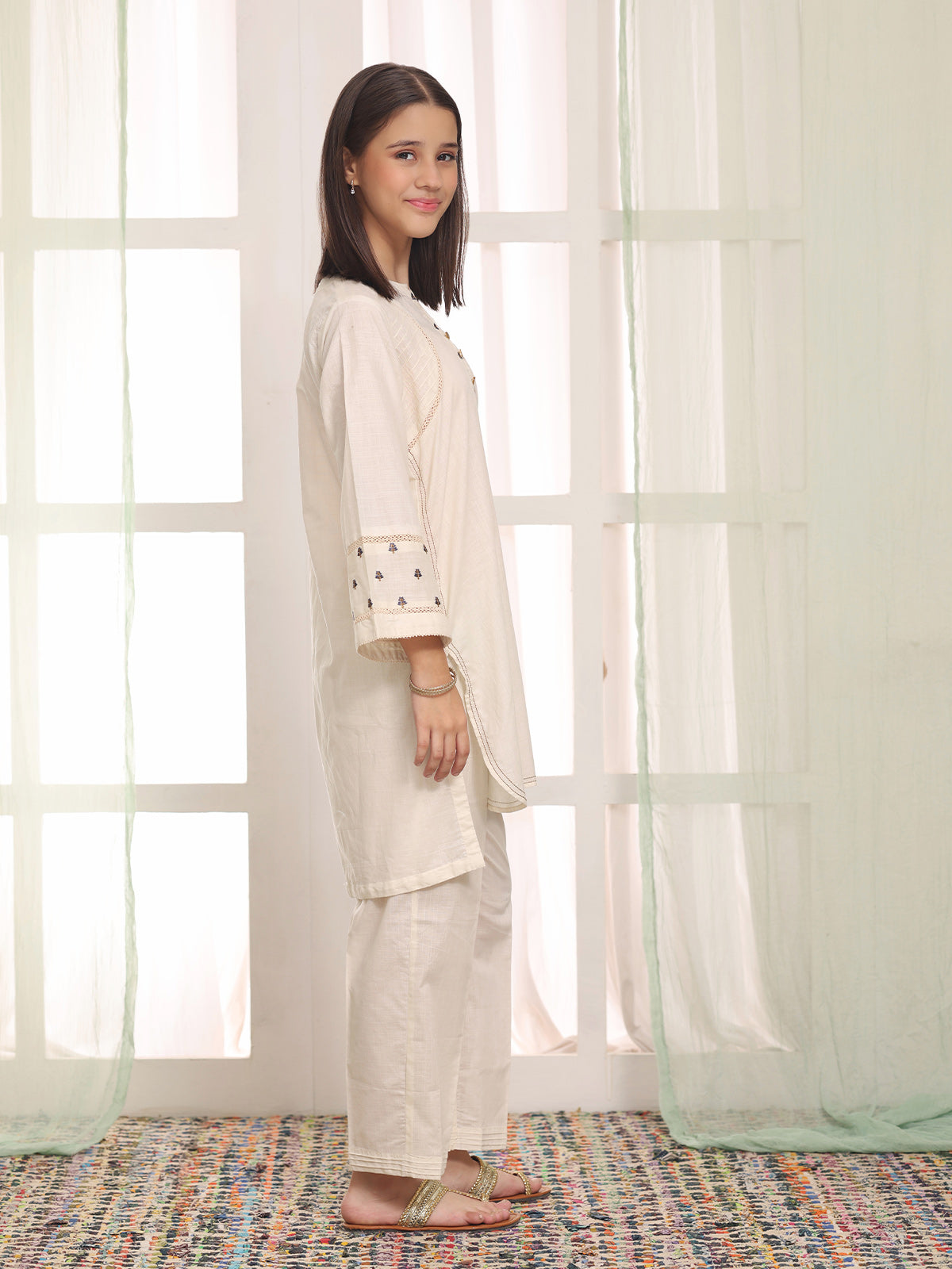 2Pc Embroidered Pret Shirt Trouser Dyed Cambric Off White - OGE2PG-25034