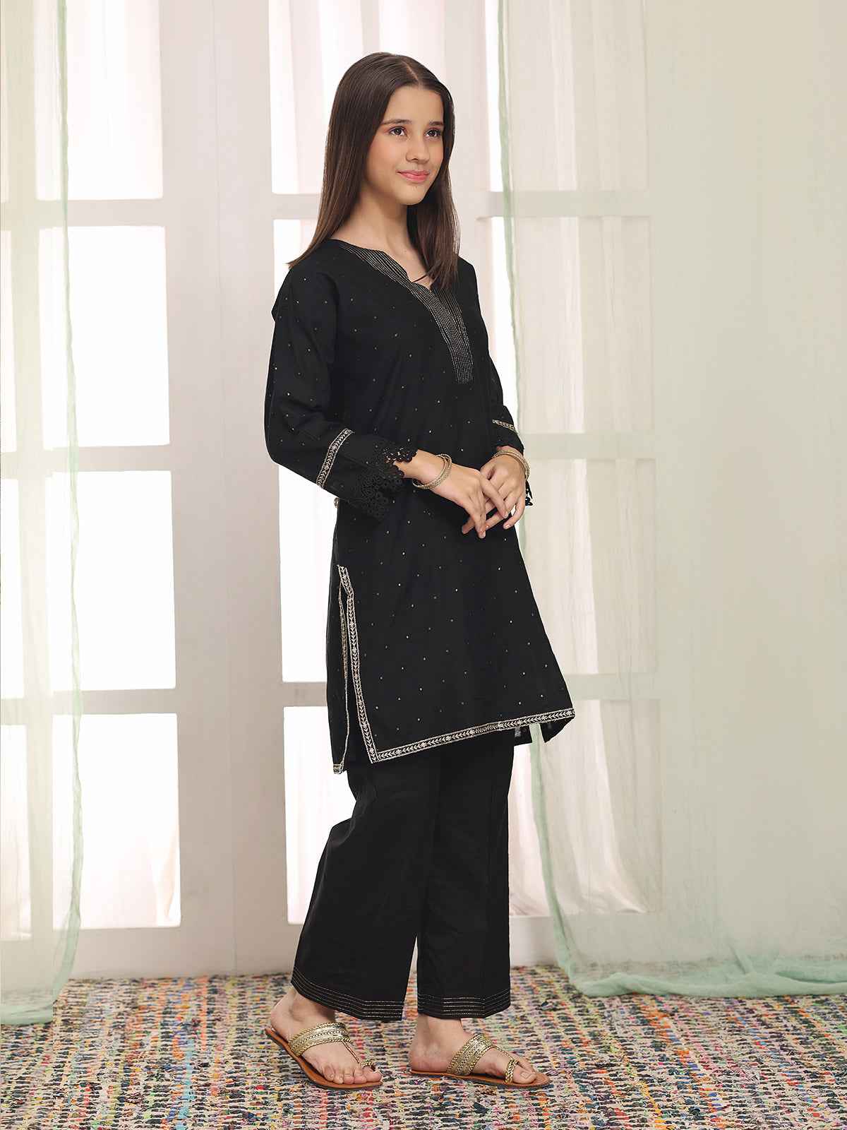 2Pc Embroidered Pret Shirt Trouser Cotton Net Jacquard Black - OGE2PG-25070
