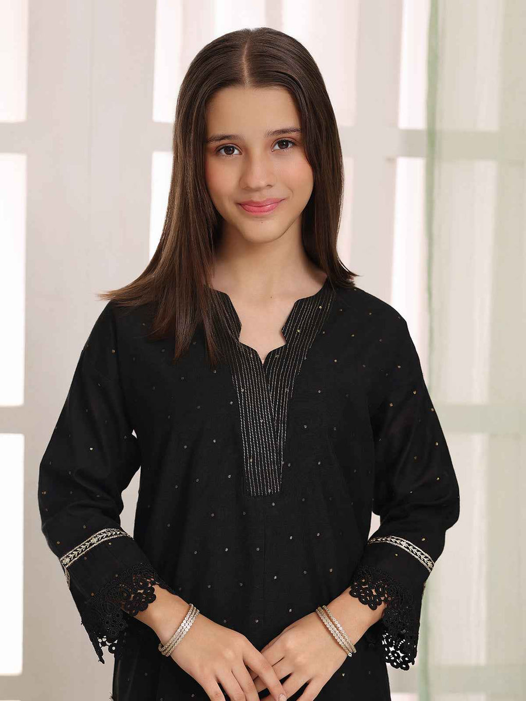 2Pc Embroidered Pret Shirt Trouser Cotton Net Jacquard Black - OGE2PG-25070