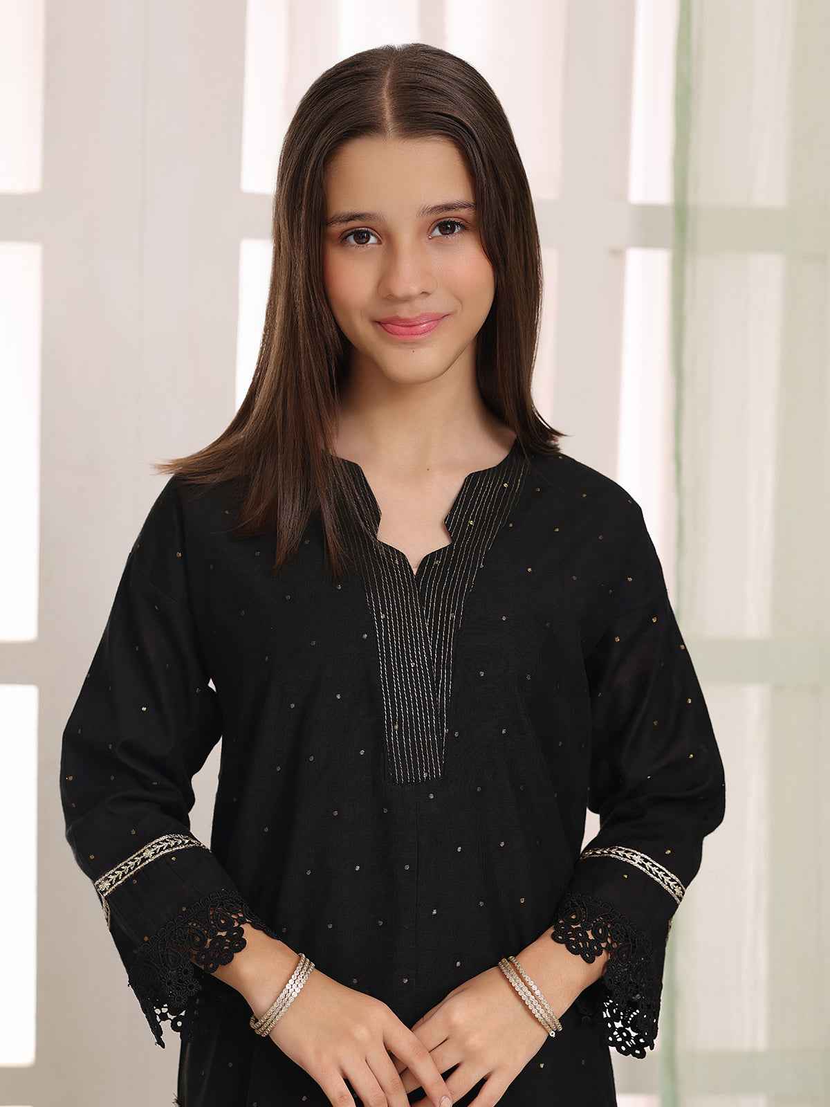 2Pc Embroidered Pret Shirt Trouser Cotton Net Jacquard Black - OGE2PG-25070