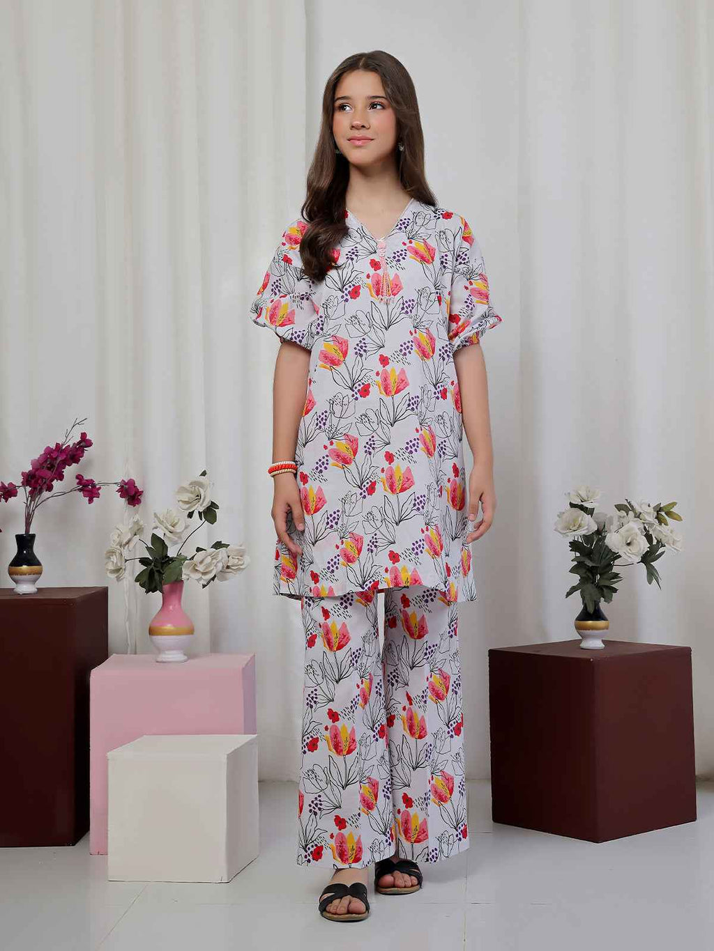 2Pc Printed Pret Shirt Trouser Lawn White & Red - OG2P-2506003