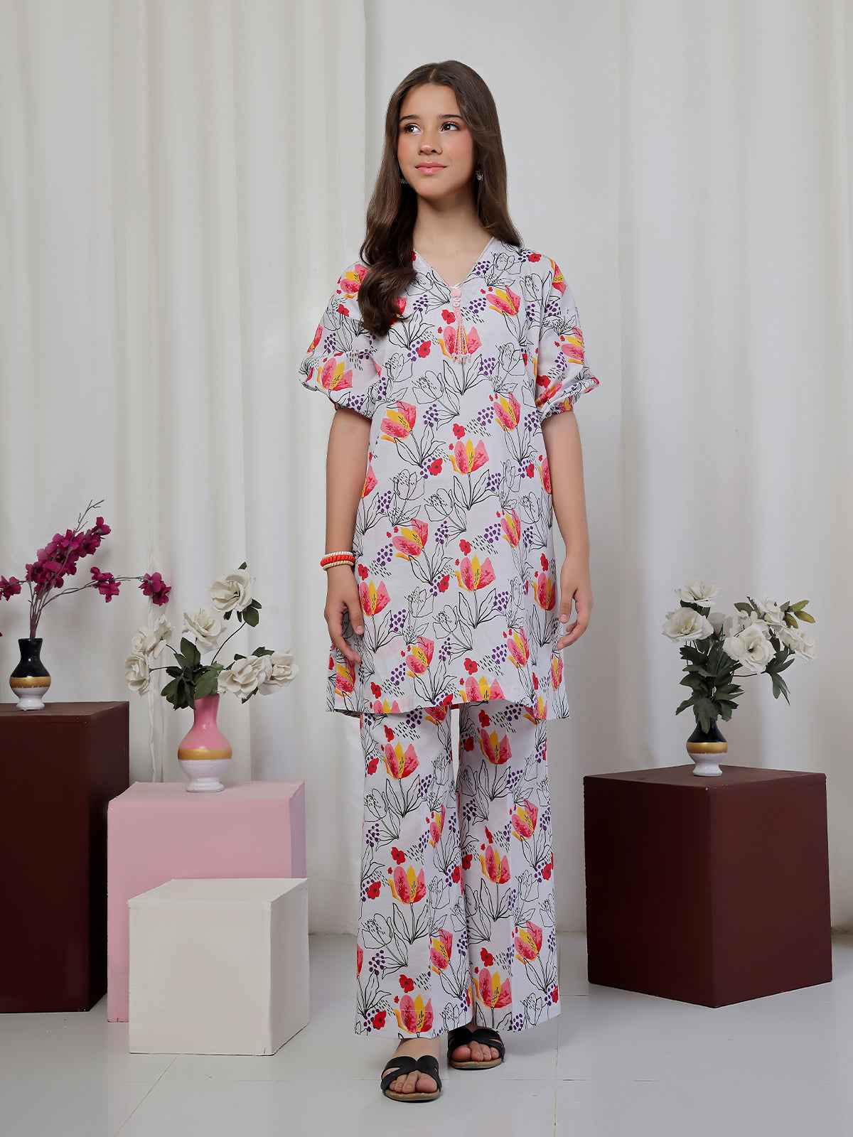 2Pc Printed Pret Shirt Trouser Lawn White & Red - OG2P-2506003