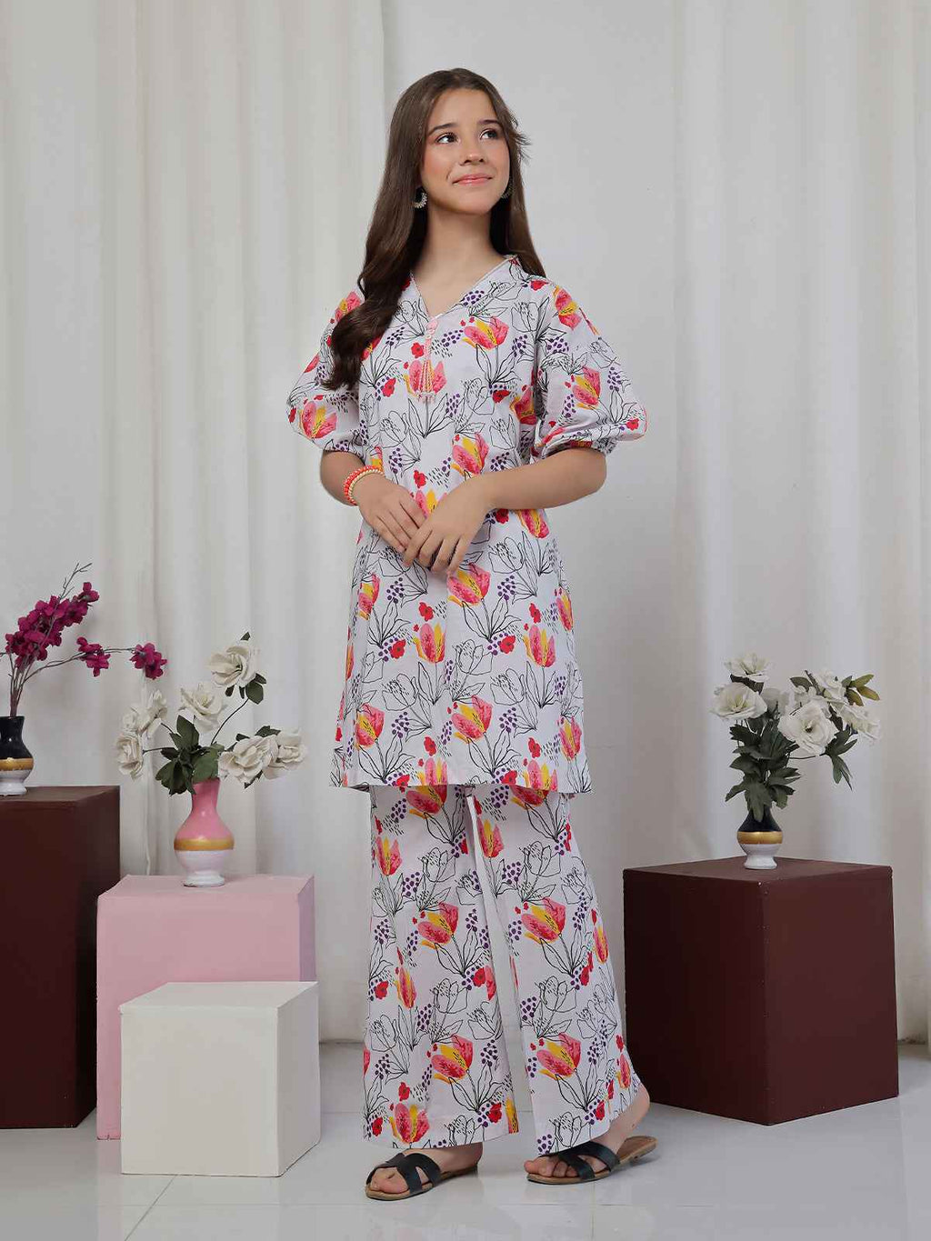 2Pc Printed Pret Shirt Trouser Lawn White & Red - OG2P-2506003