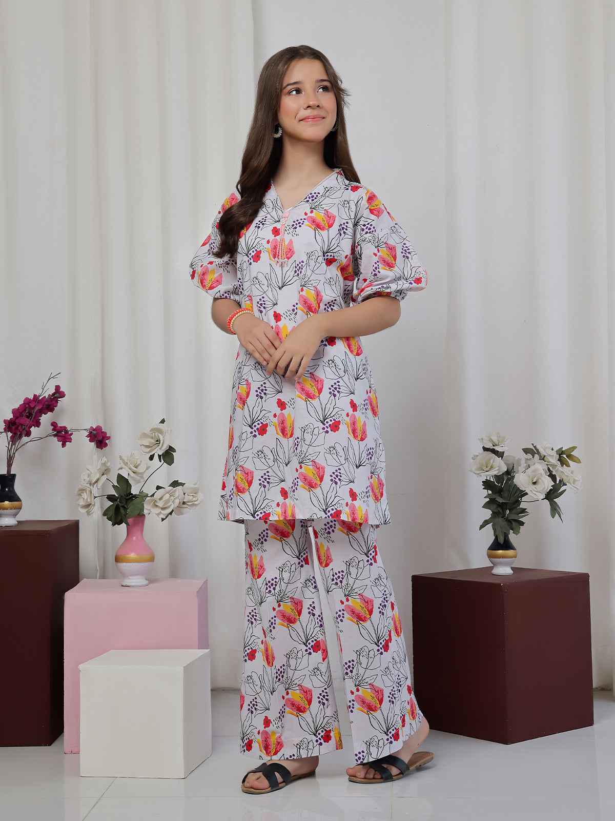 2Pc Printed Pret Shirt Trouser Lawn White & Red - OG2P-2506003