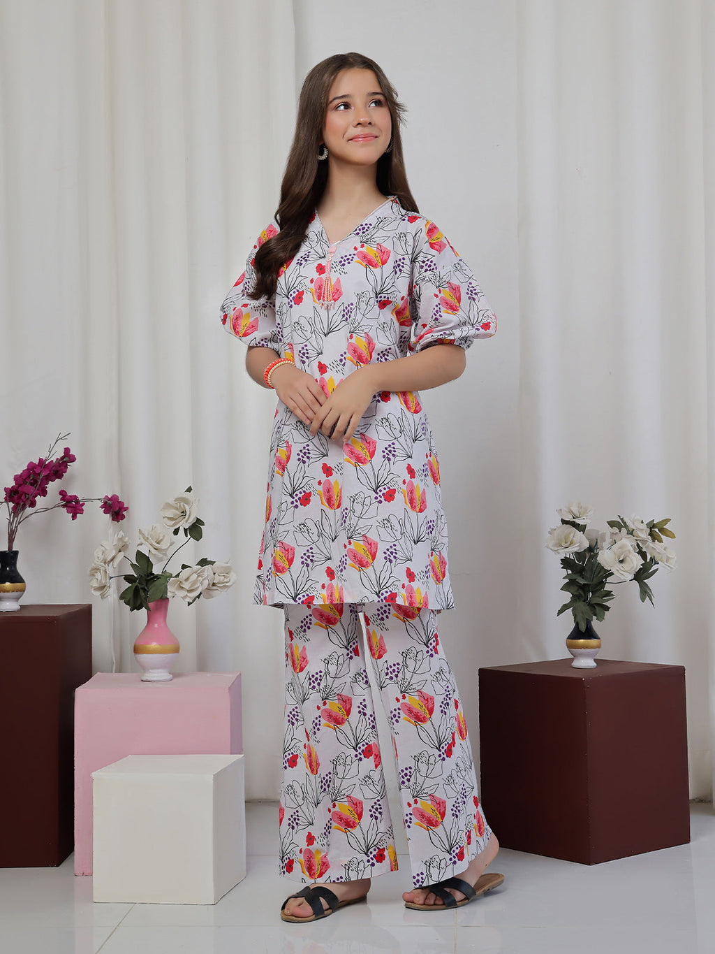 2Pc Printed Pret Shirt Trouser Lawn White & Red - OG2P-2506003