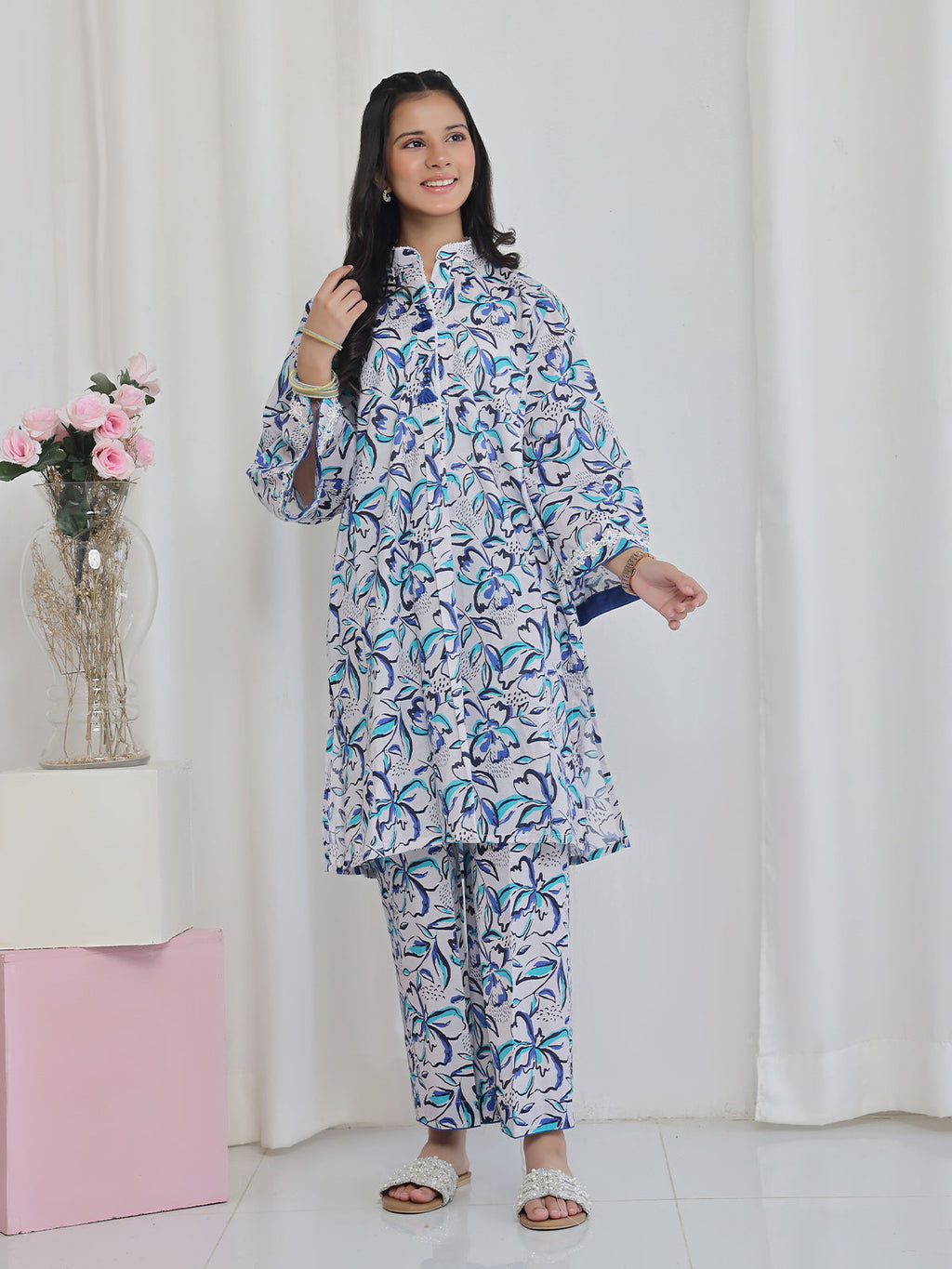 2Pc Printed Pret Shirt Trouser Lawn White & Blue - OG2P-2506004