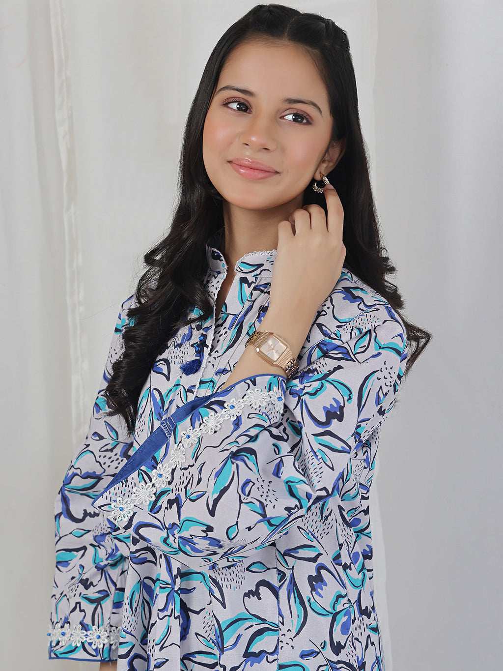 2Pc Printed Pret Shirt Trouser Lawn White & Blue - OG2P-2506004