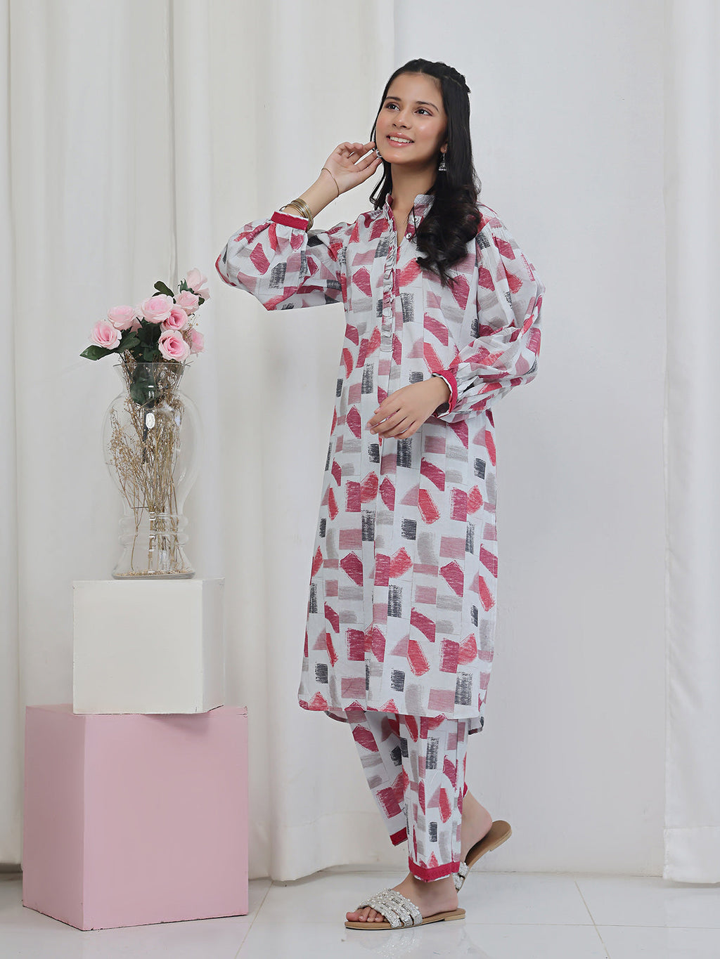 2Pc Printed Pret Shirt Trouser Lawn White & Maroon - OG2P-2506005