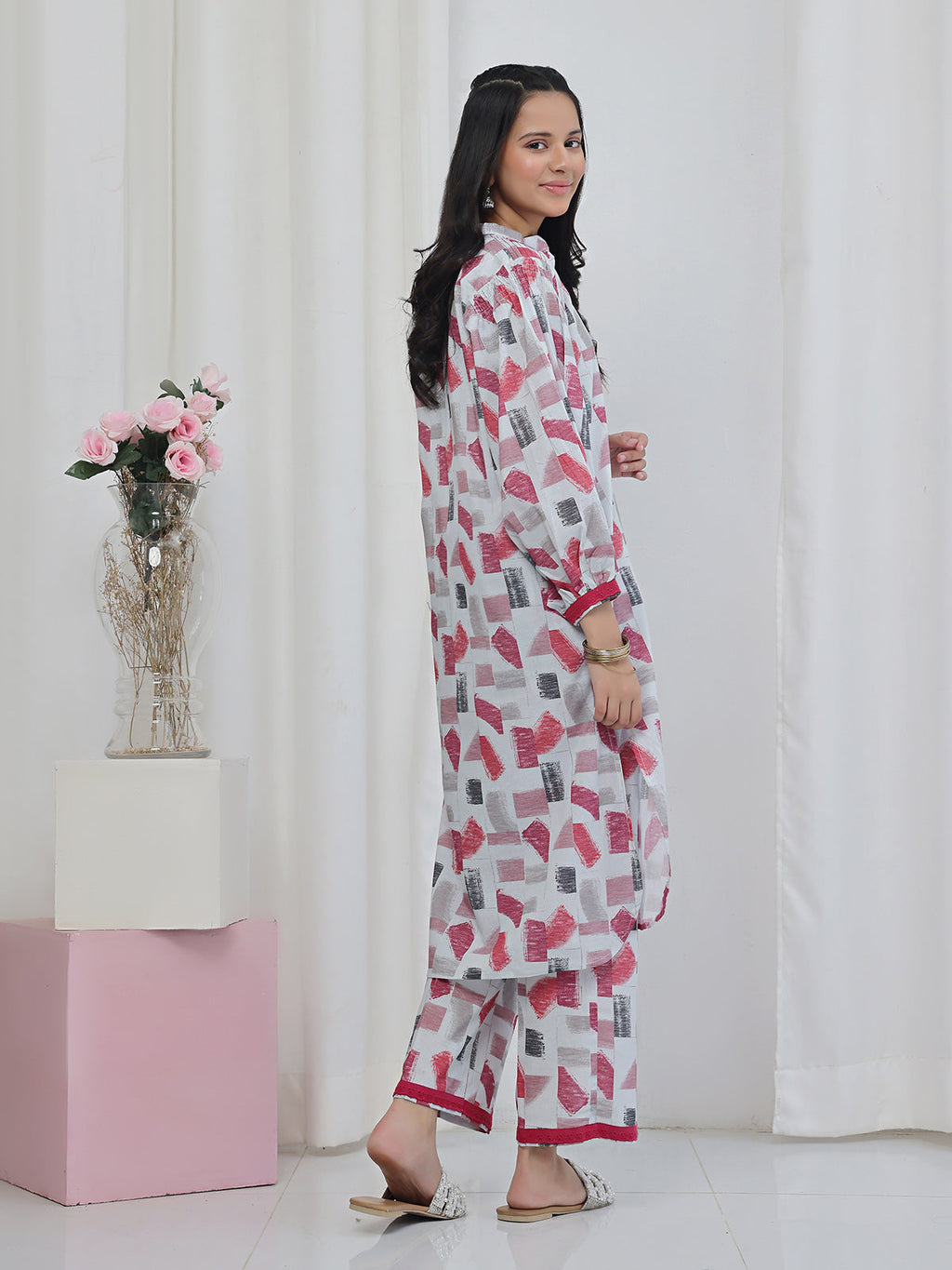 2Pc Printed Pret Shirt Trouser Lawn White & Maroon - OG2P-2506005