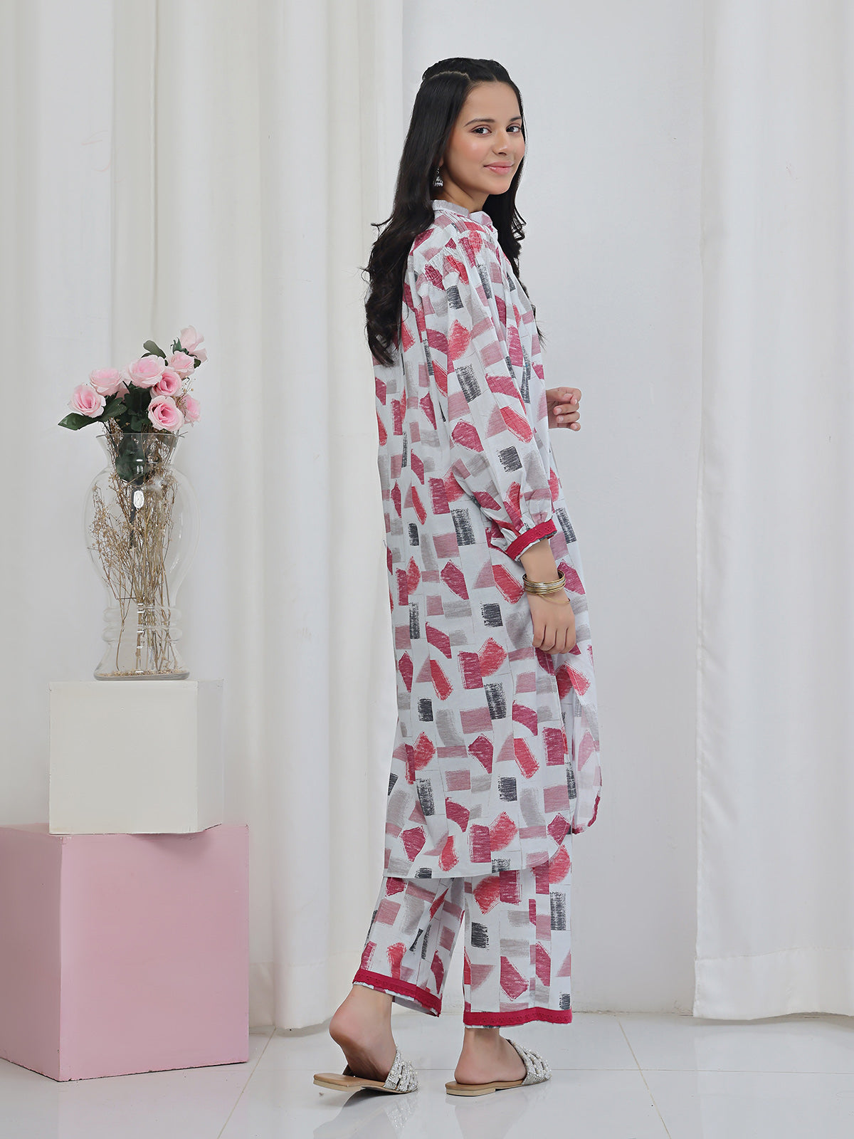 2Pc Printed Pret Shirt Trouser Lawn White & Maroon - OG2P-2506005