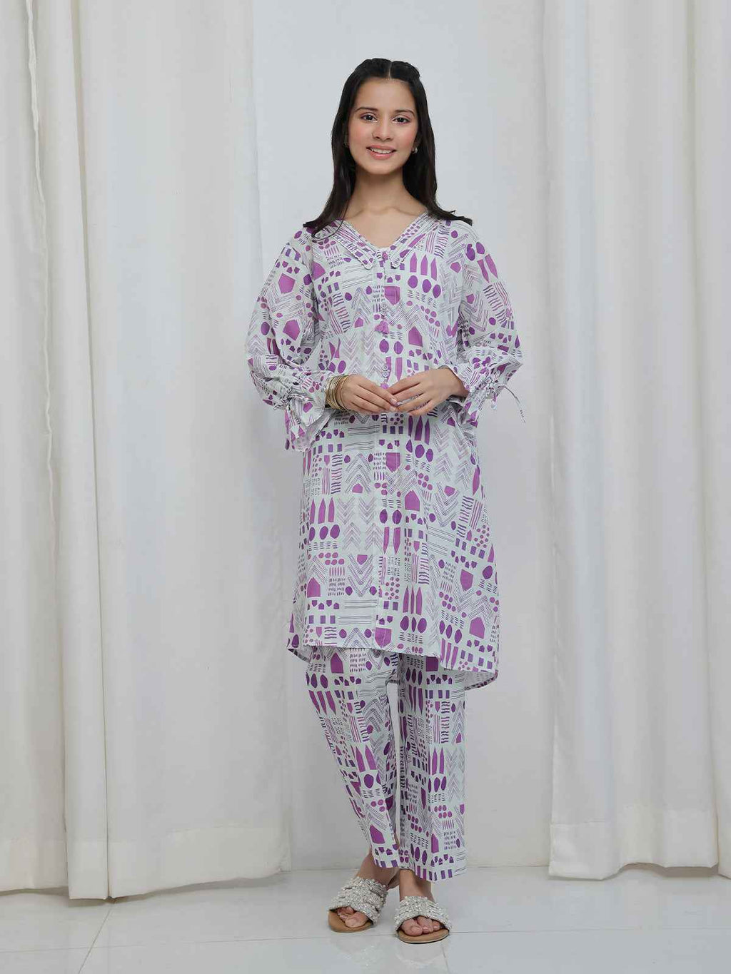 2Pc Printed Pret Shirt Trouser Lawn White & Purple - OG2P-2506008