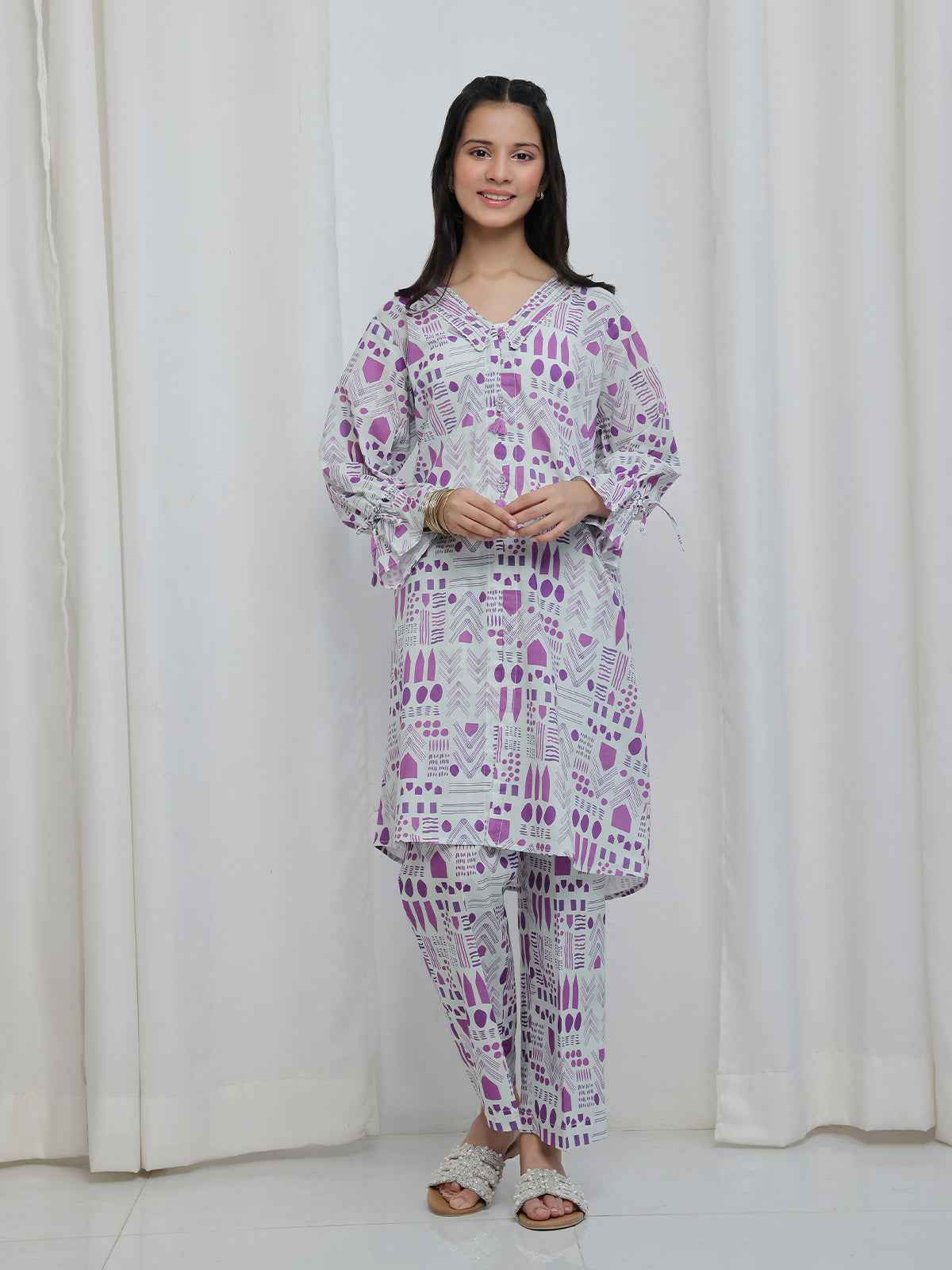 2Pc Printed Pret Shirt Trouser Lawn White & Purple - OG2P-2506008