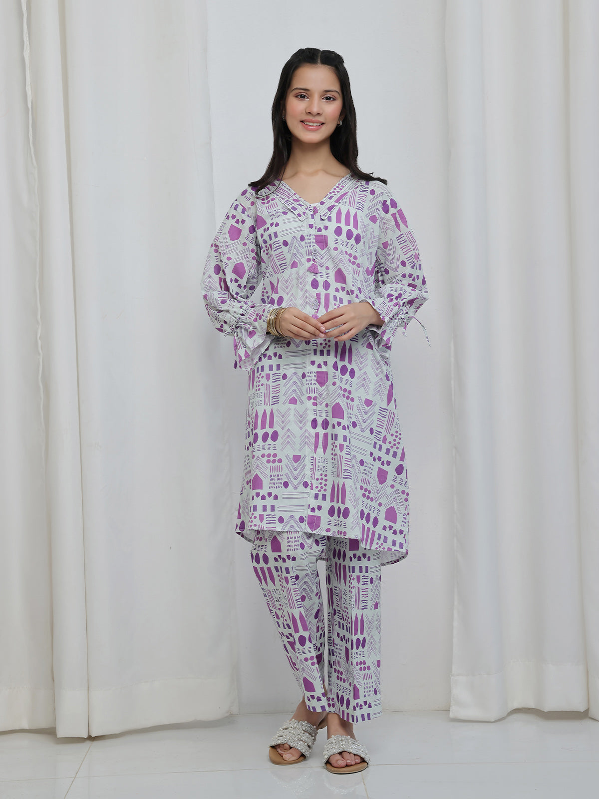 2Pc Printed Pret Shirt Trouser Lawn White & Purple - OG2P-2506008