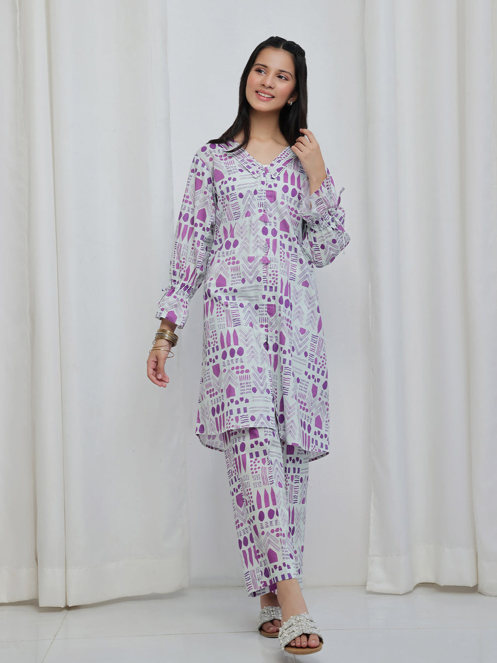2Pc Printed Pret Shirt Trouser Lawn White & Purple - OG2P-2506008