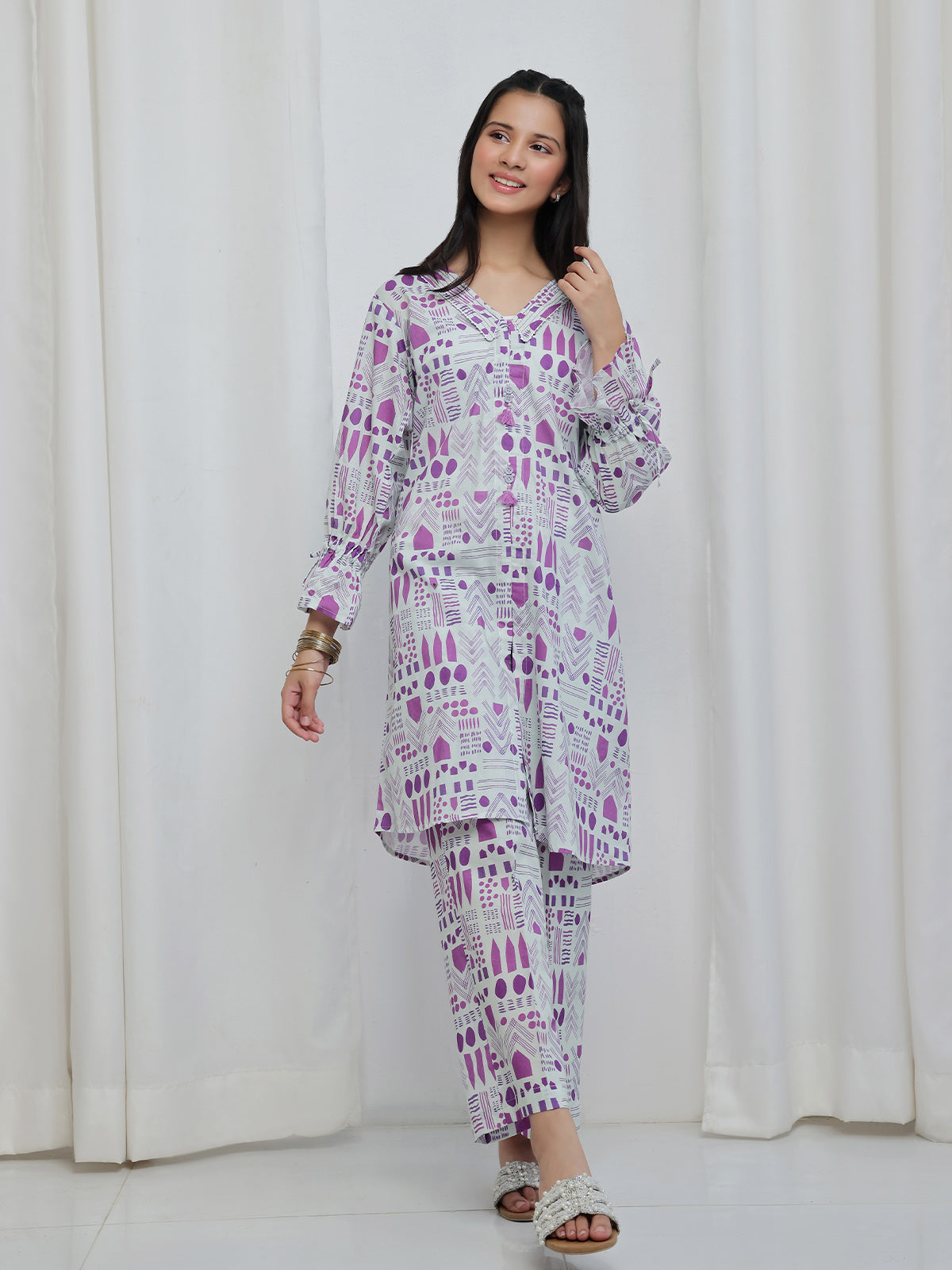 2Pc Printed Pret Shirt Trouser Lawn White & Purple - OG2P-2506008